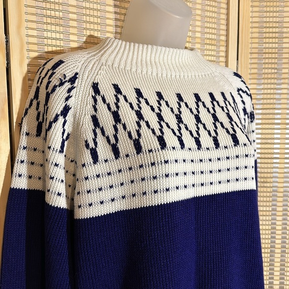 JC Penney Vintage 1970s Blue White Striped Mock Turtleneck Knit Sweater Medium - Picture 2 of 16